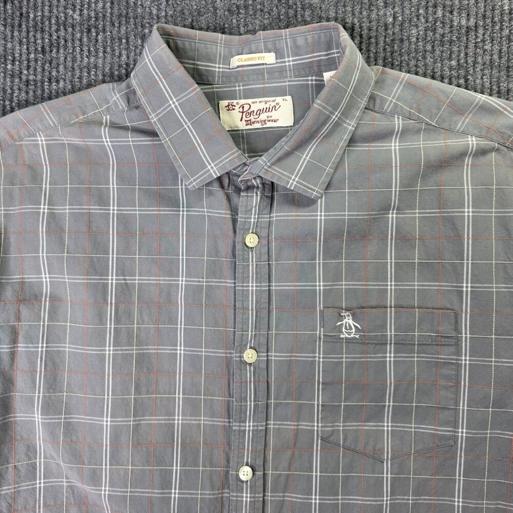 Penguin Munsingwear Shirt Mens XL Gray White Plaid Windowpane Preppy Casual VTG
